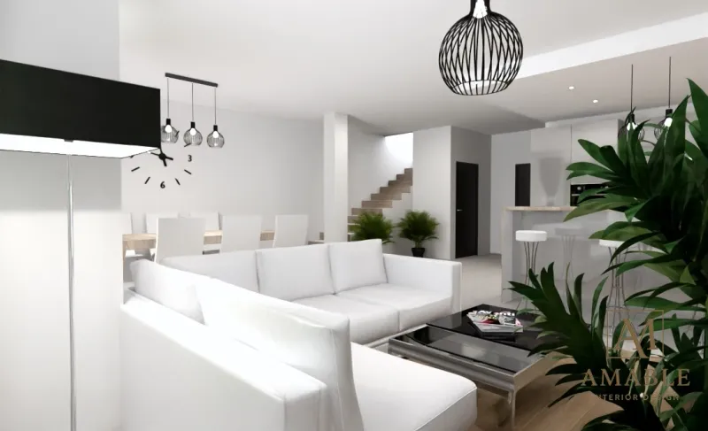 Salon w stylu skandynawskim z jasnymi meblami — projektowanie salonów online