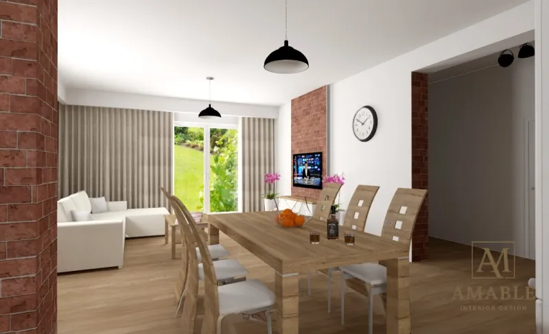 Nowoczesny salon z kominkiem i telewizorem na ścianie — wizualizacja wnętrza 3D