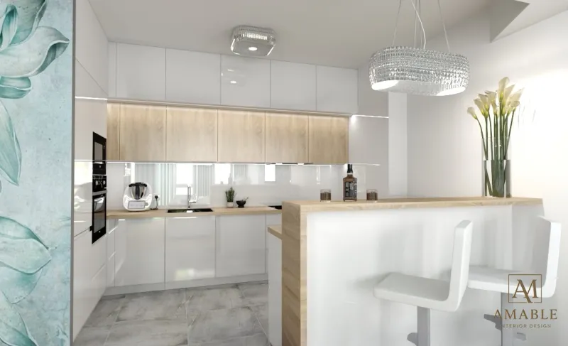 Jasna kuchnia w stylu skandynawskim z drewnianymi elementami — projekt Amable