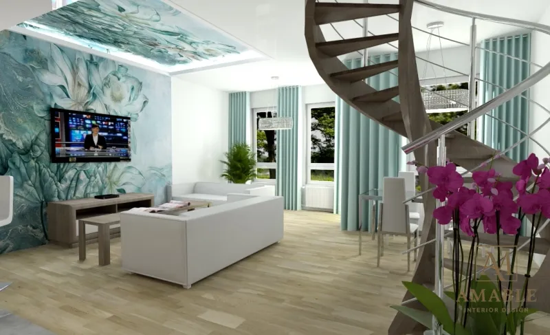 Przestronny salon z narożną sofą i drewnianym stolikiem — projekt salonu Amable