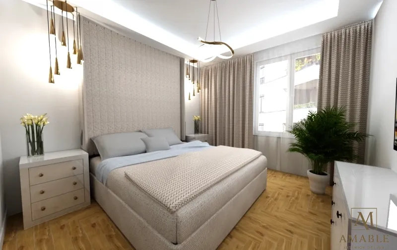 Przytulna sypialnia z tapicerowanym łóżkiem i stolikami nocnymi — projekt sypialni Amable